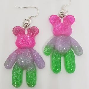 Handmade Lightweight Ombre Glitter Green Pink Silver Large Gummy Bear Earrings